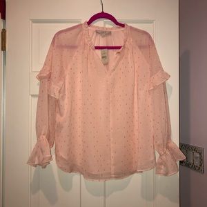 LOFT light pink ruffle blouse with gold sparkle